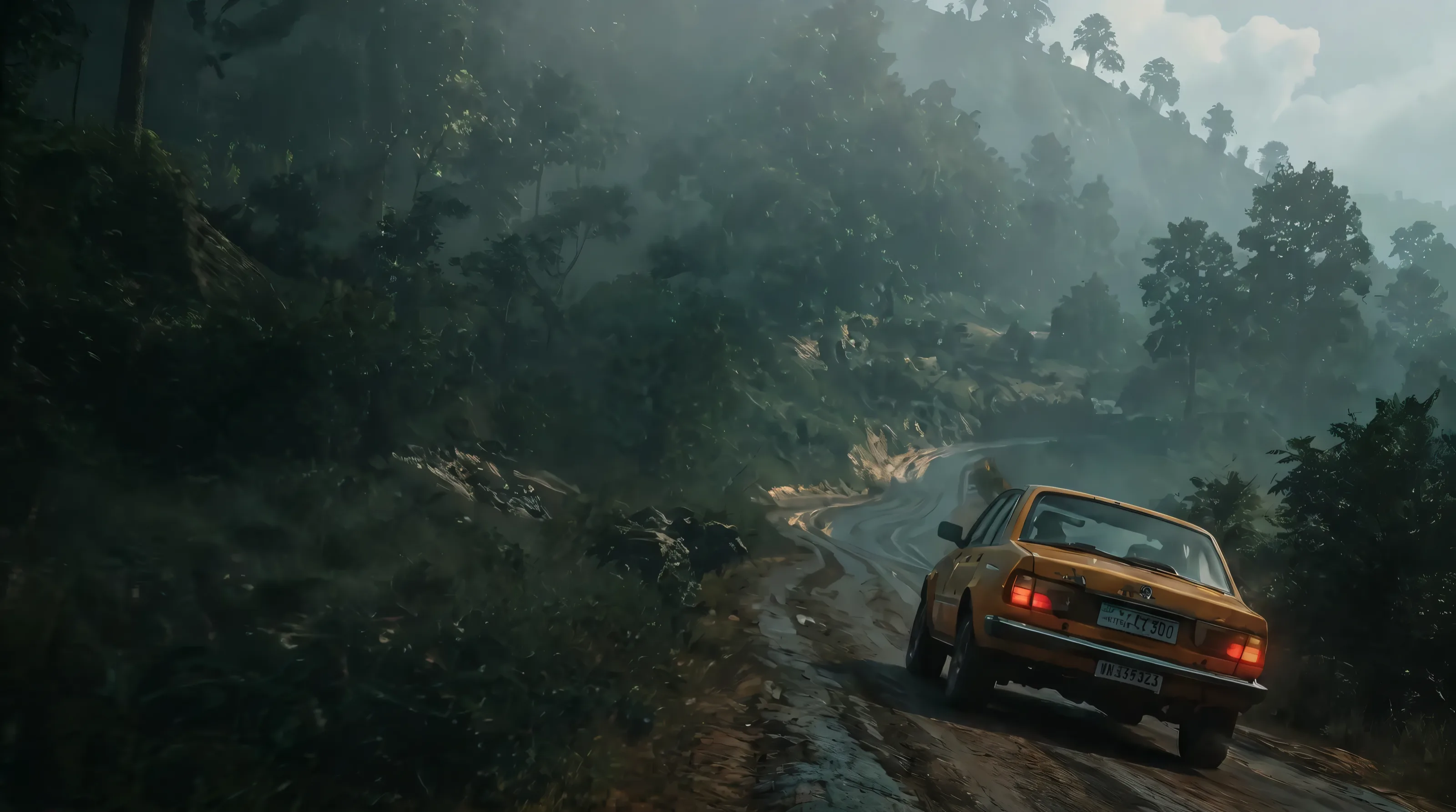 Chaos Riders Bamenda concept artwork showing a taxi climbing a winding mist-covered highland road