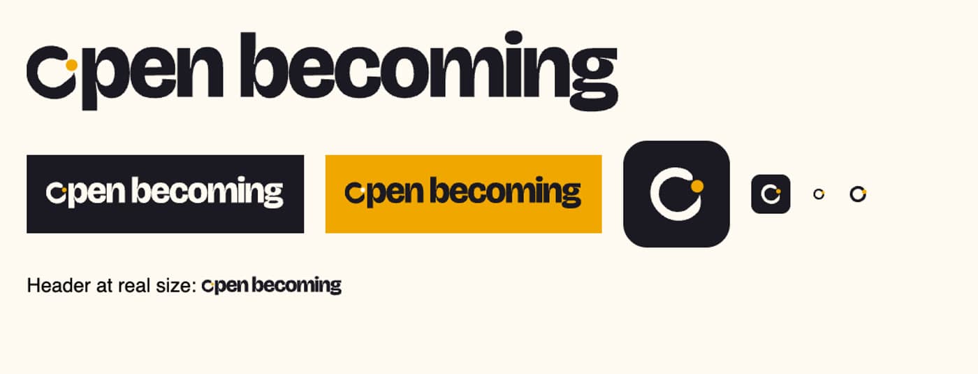Open Becoming logo board: the wordmark with the o as an open ring and marigold dot, on paper, ink, and marigold, with app icon and favicon sizes