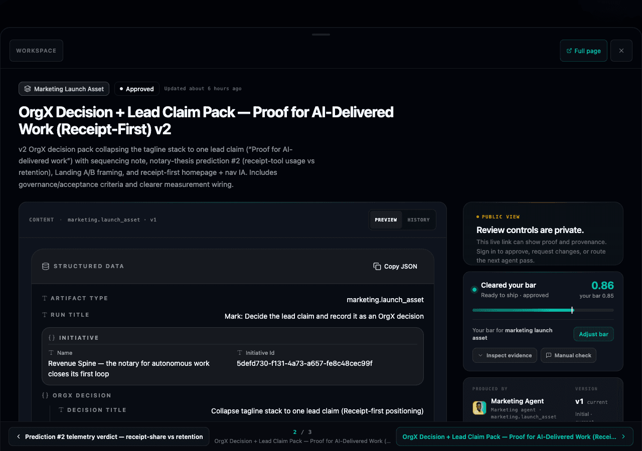 OrgX artifact viewer showing a lead claim pack with decision provenance and an evidence score